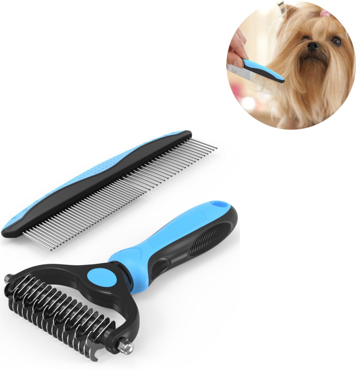 Kam - Slickerborstel - Dierenkam - Voor honden en katten - 2-in-1 ontklittende kam - Met fijne en brede tanden - Verwijdert klitten en losse haren - Groot formaat - Blauw