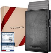 Zwarte Vylento pasjeshouder met RFID-schild, met pasjes zichtbaar, naast een luxe geschenkdoos.