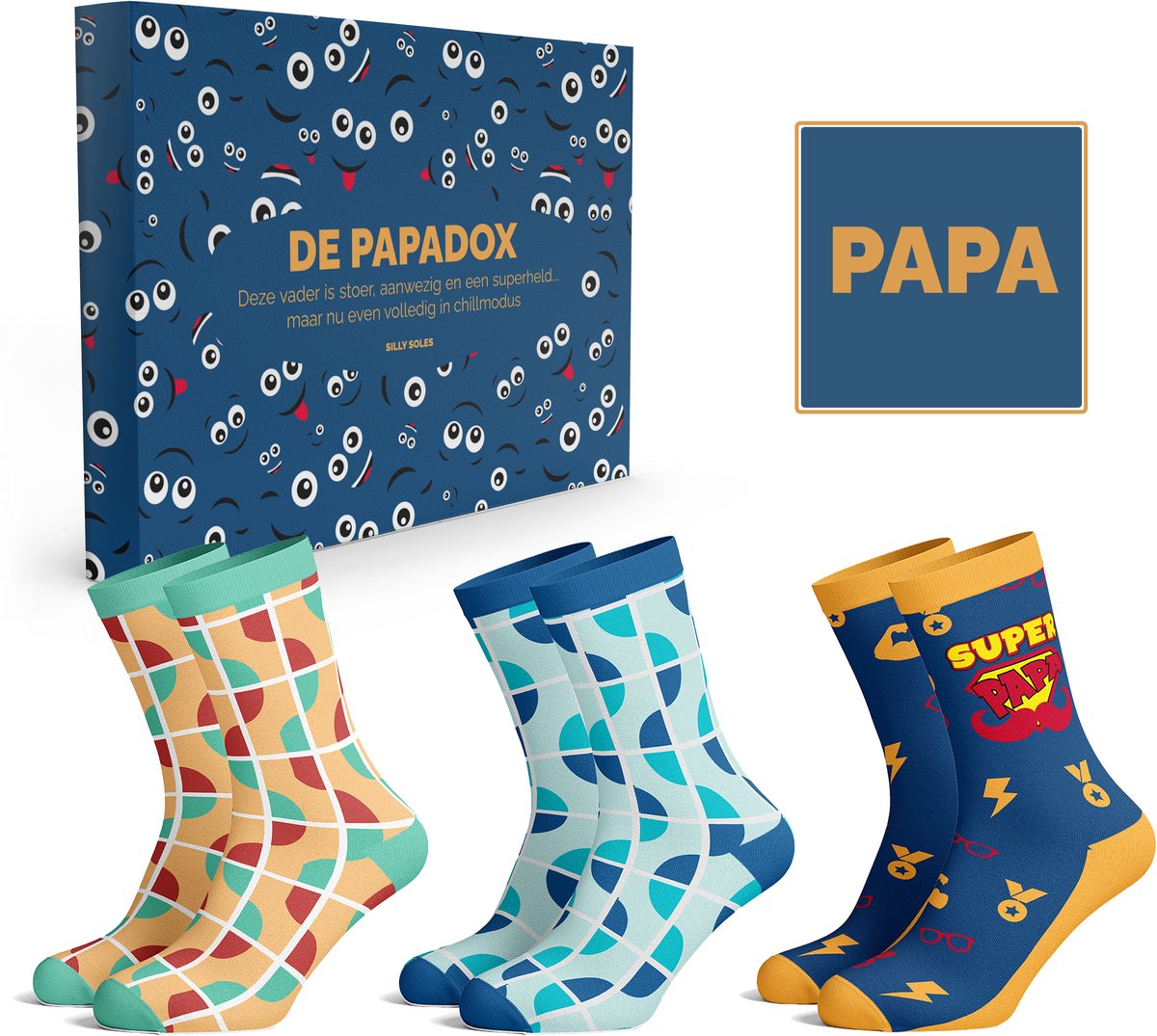 Silly Soles® Grappige Sokken Cadeaupakket Papa - One Size Sokken met Tekst - Grappige Cadeaus Huissokken - Verjaardag Cadeau Man - Geschenkset Mannen, Vader, Papa, Vriend, Broer, Opa - Happy Gekke Originele Cadeautjes voor hem