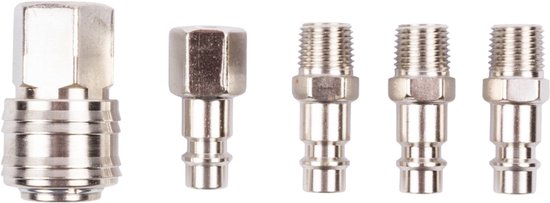 Set van vijf metalen luchtkoppelingen, bestaande uit een vrouwelijke koppeling en vier mannelijke nippel-adapters.