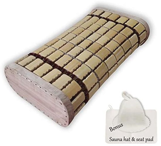 Een bamboe hoofdkussen met de tekst 'Bonus Sauna hat & seat pad'.