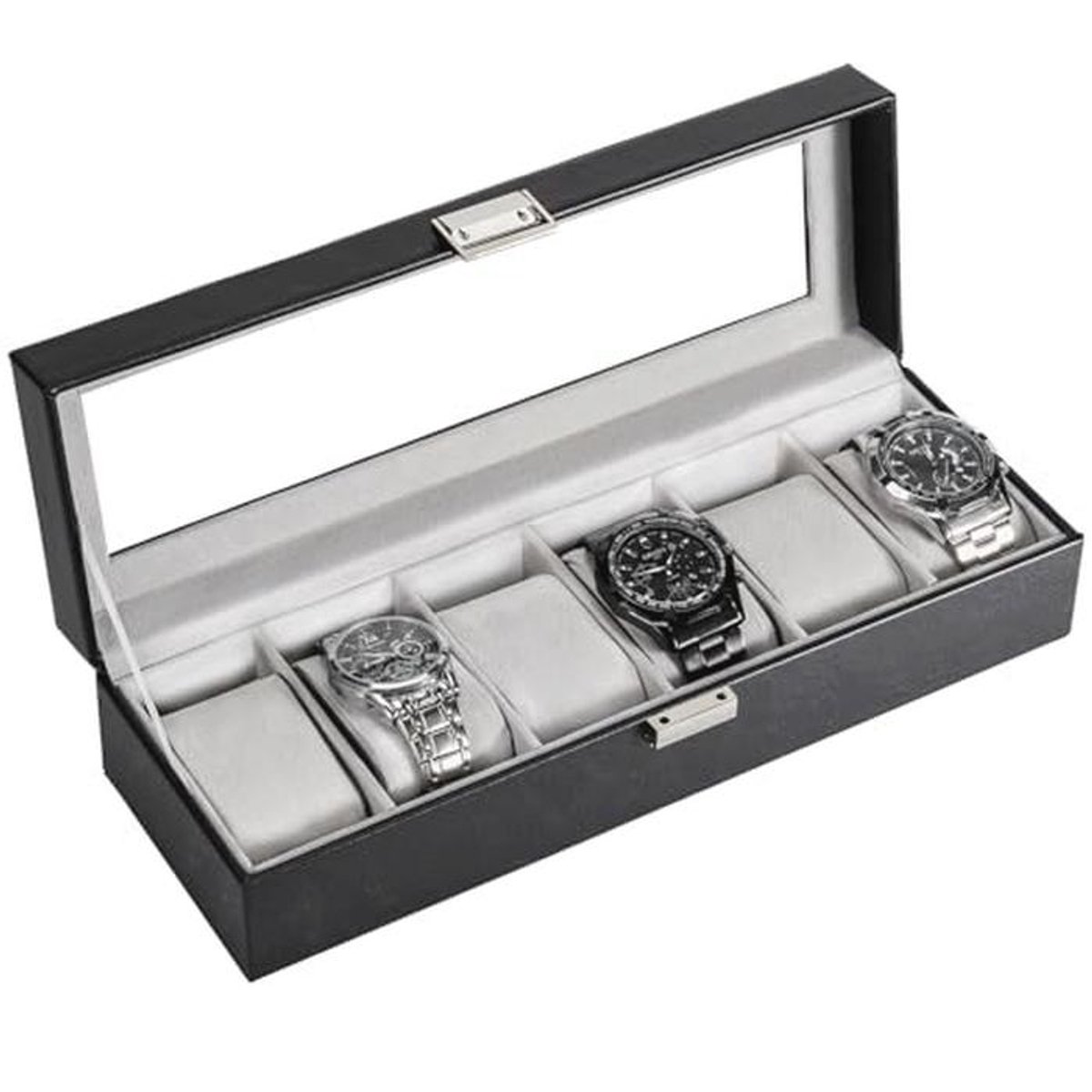 Horloge Box met 6 Compartimenten, Premium Horloge Opberger met Glazen Deksel