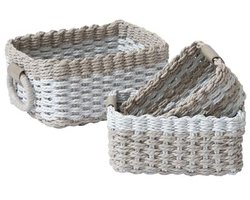 LA JOLIE MUSE /Small Wicker Baskets for Organizing, Recycled Paper Storage Basket, Container Bins for Shelves, Bathroom, Living Room, Organizer, Set of 3, Blue and Dove Grey
