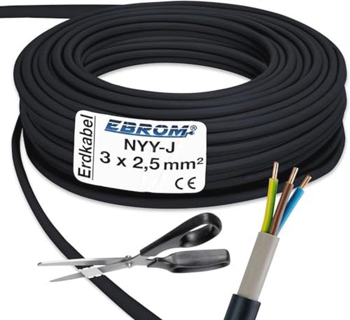 Aardkabel NYY-J 3x2,5 mm² - Stroomkabel voor Vaste Installatie - PVC Aardleiding - Zwart - Keuze in Lengtes per Meter
