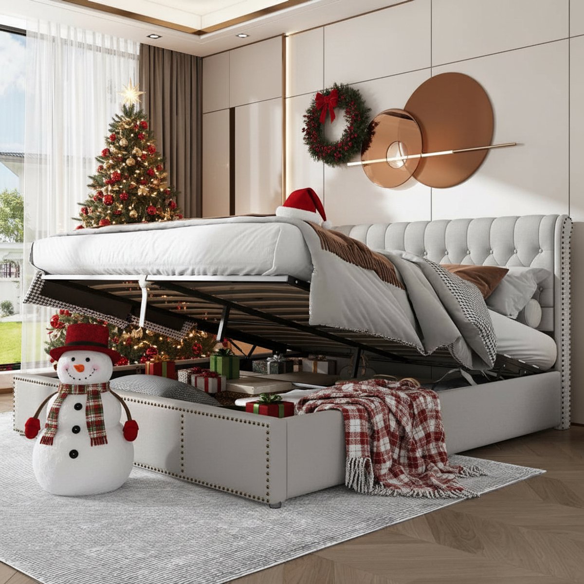 KOMHTOM Tweepersoonsbed Bed 160x200 cm Functioneel opbergbed Rivetversiering Grijs fluweel