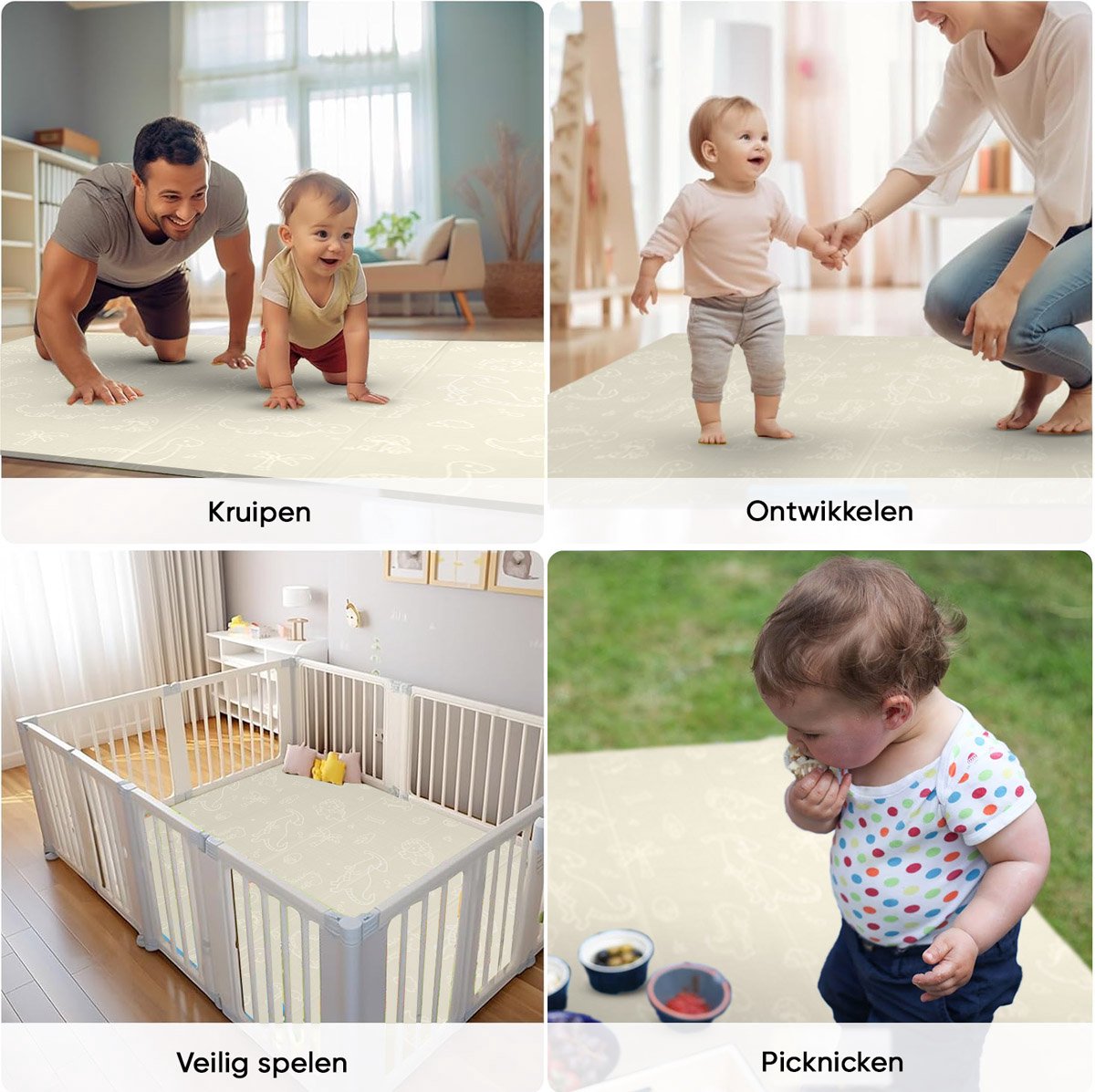 OPVOUWBARE Baby Speelmat - DUBBELZIJDIG Speelkleed incl. opbergtas - EXTRA DIK - 180x200x1,5cm - Ecru/ Beige — afbeelding 8