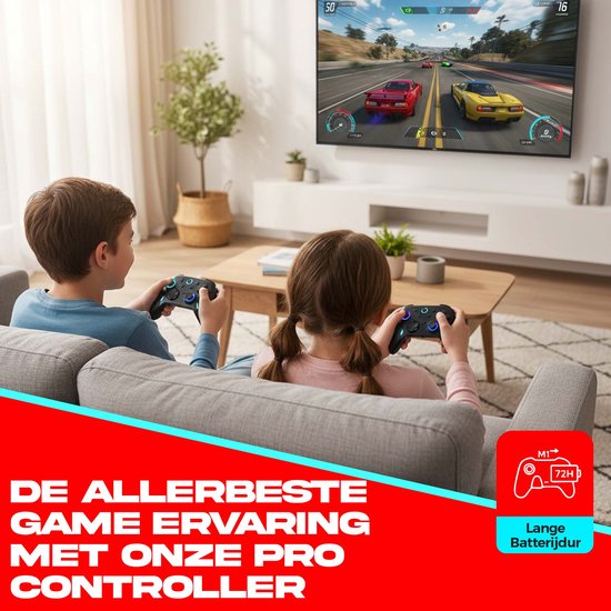 Kinderen met zwarte gaming controllers kijkend naar een racegame op tv. Tekst: De allerbeste game ervaring met onze pro controller. Icon toont 72H batterijduur.