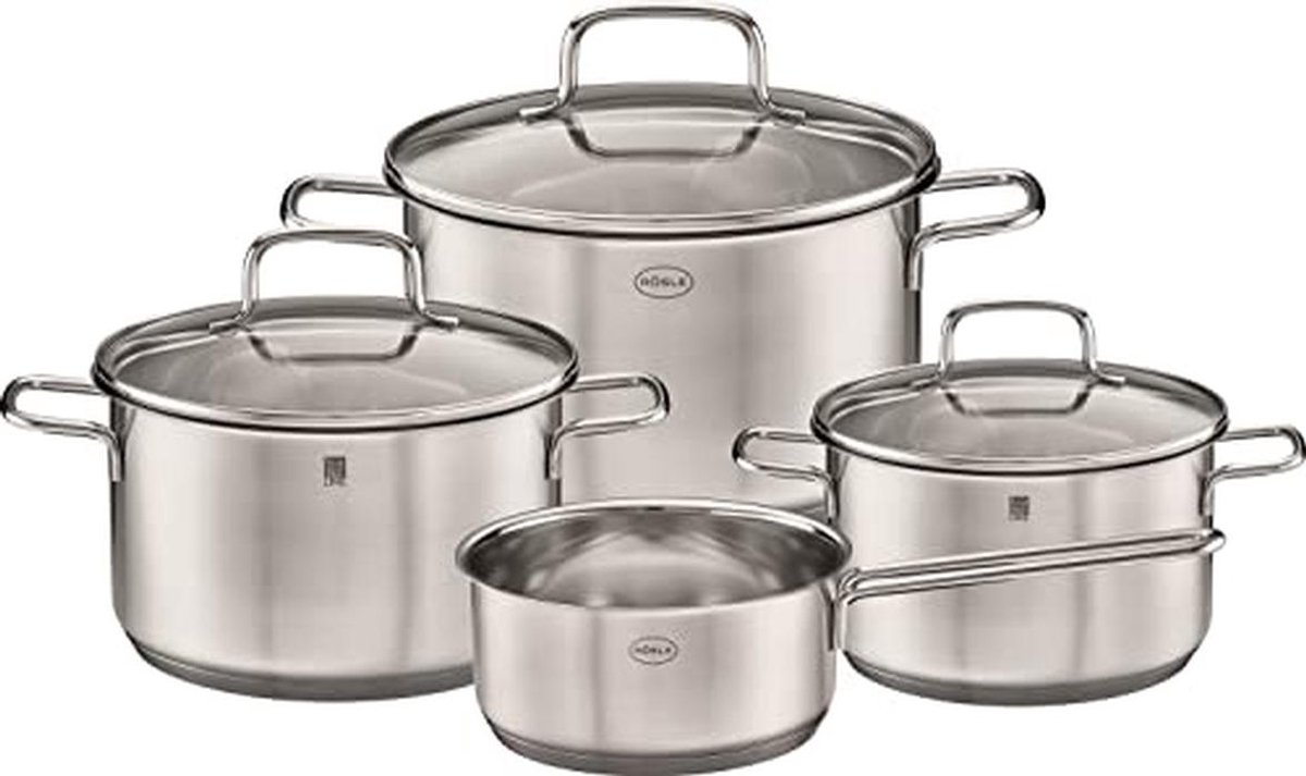 RÖSLE Basic Line Set van 4 universele pannen, 1 x pan van roestvrij staal 18/10 met glazen deksel en schenkrand, vaatwasmachinebestendig