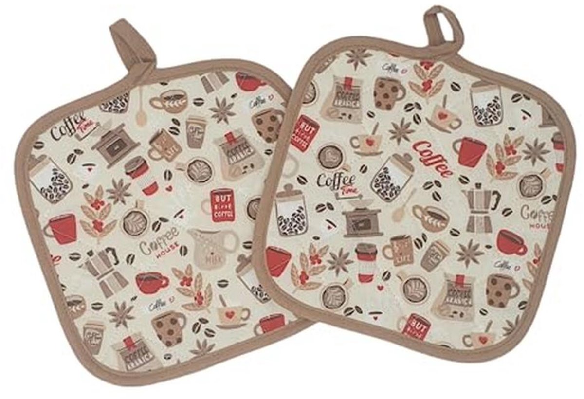 Set van 2 vierkante pannenlappen van 100% katoen, beige, 18 x 18 cm