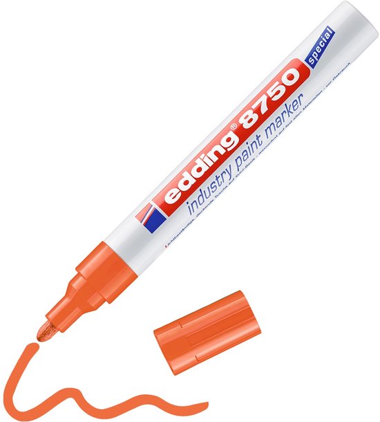 Oranje Edding 8750 industry paint marker met dop ernaast. De punt maakt een oranje lijn.