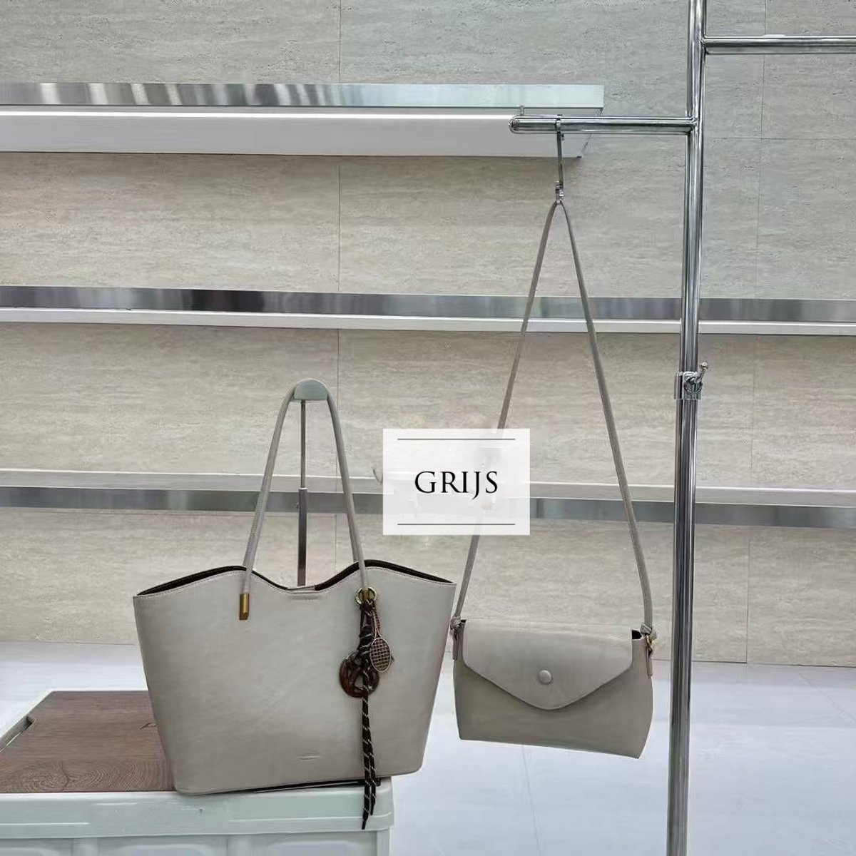 TK-S set Schoudertas-shopper + clutch-handtas met schouderriem, grijs