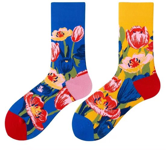 Tutti Footi - Paar verschillende Sokken met Tulpen - maat 36-40 - Hollands/Bloemen/Mismatched/Dames sokken