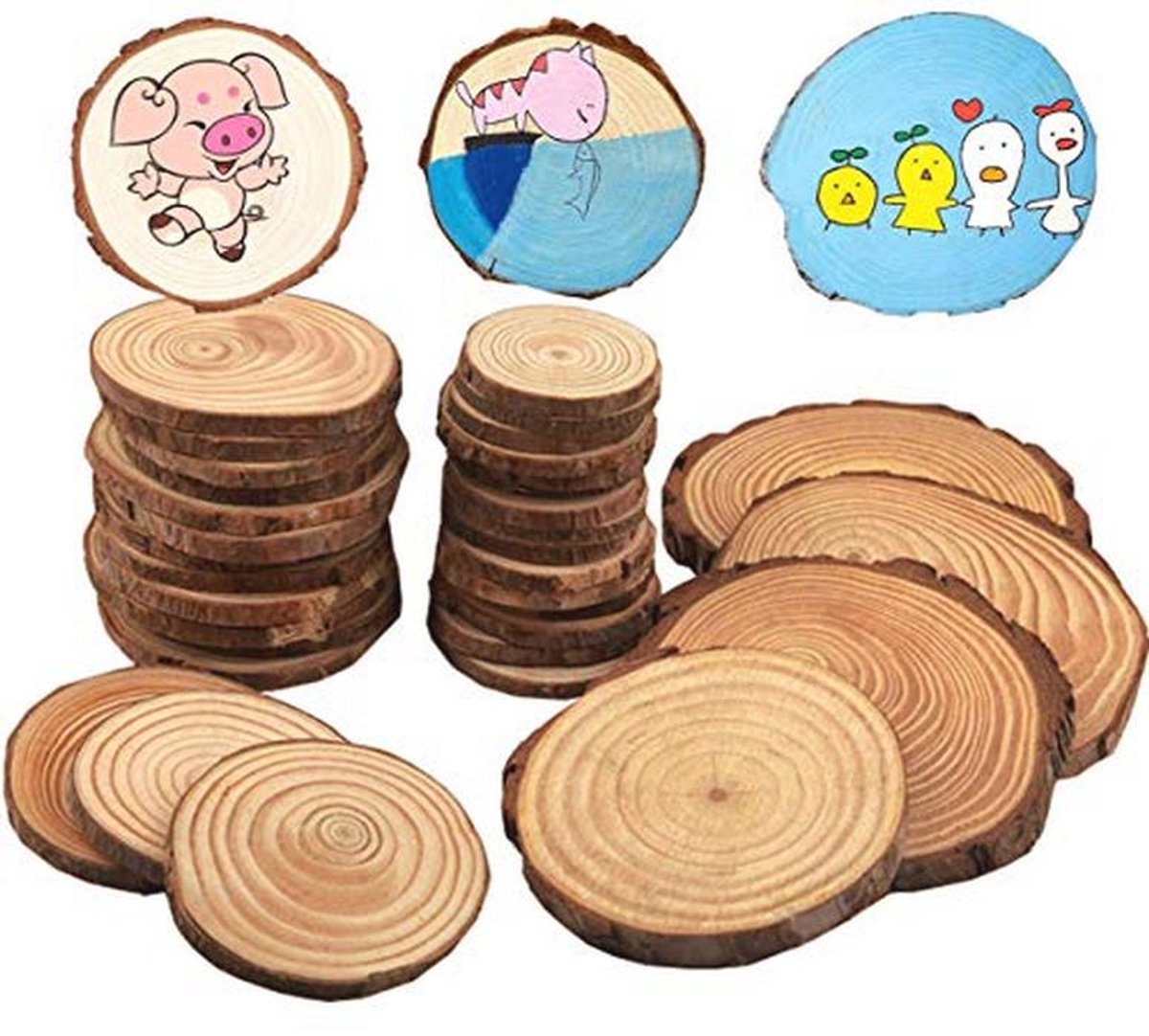 Houten Schijven voor Knutselen - 60 Stuks in Natuurlijke Houtkleuren - Perfect voor Decoratie en DIY Projecten
