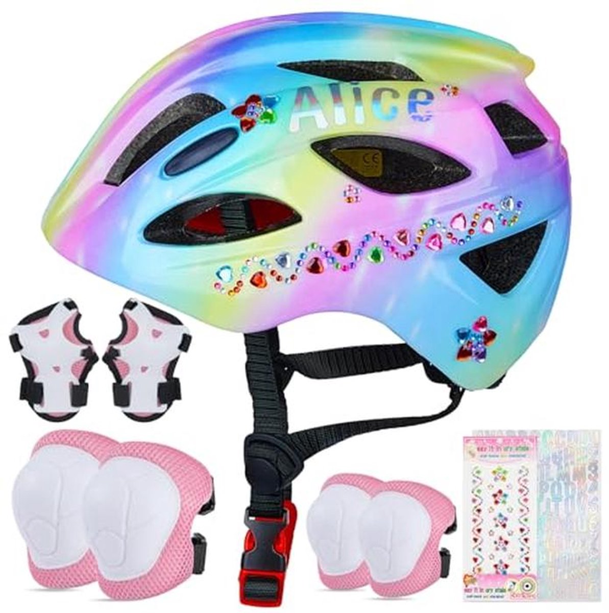 Fietshelm en Beschermset voor Kinderen 3–8 Jaar, Verstelbare Lichtgewicht Veiligheidsset met Knie-, Elleboog- en Polsbeschermers en DIY Stickers