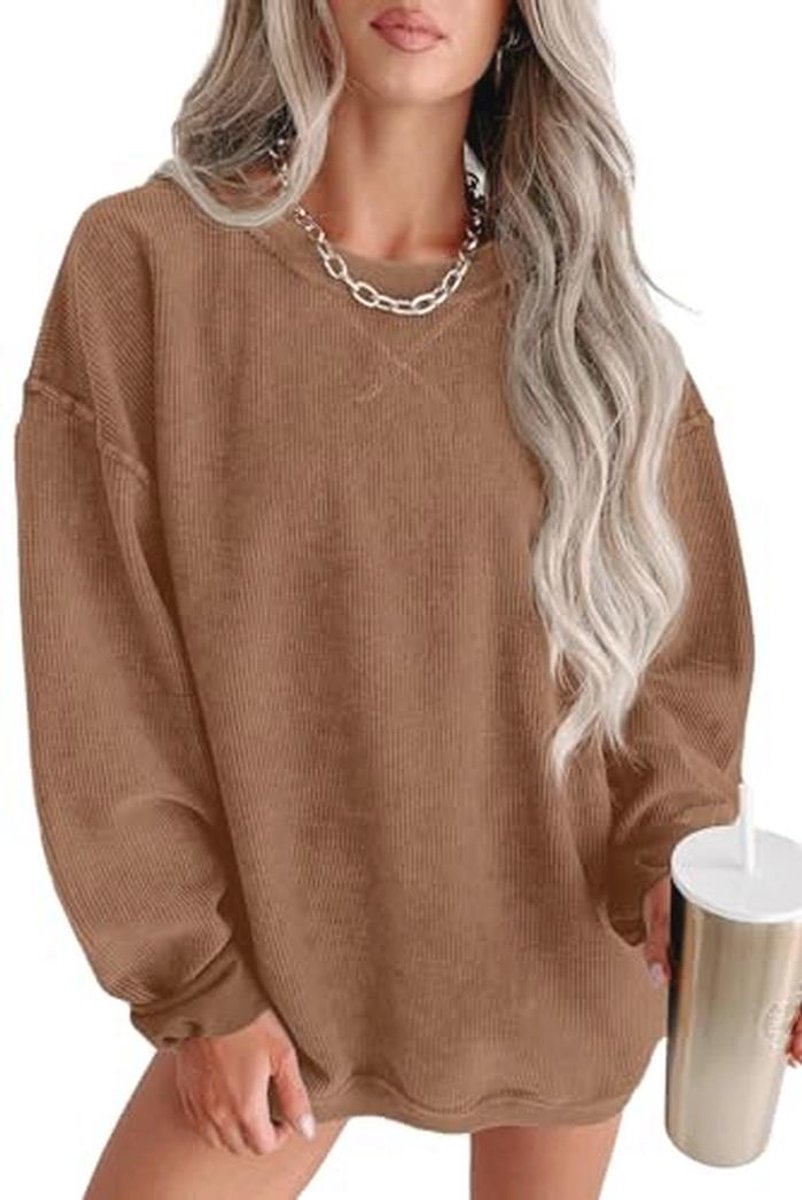 Oversized Sweatshirt Dames - Casual Corduroy Trui met Lange Mouwen en Ronde Hals