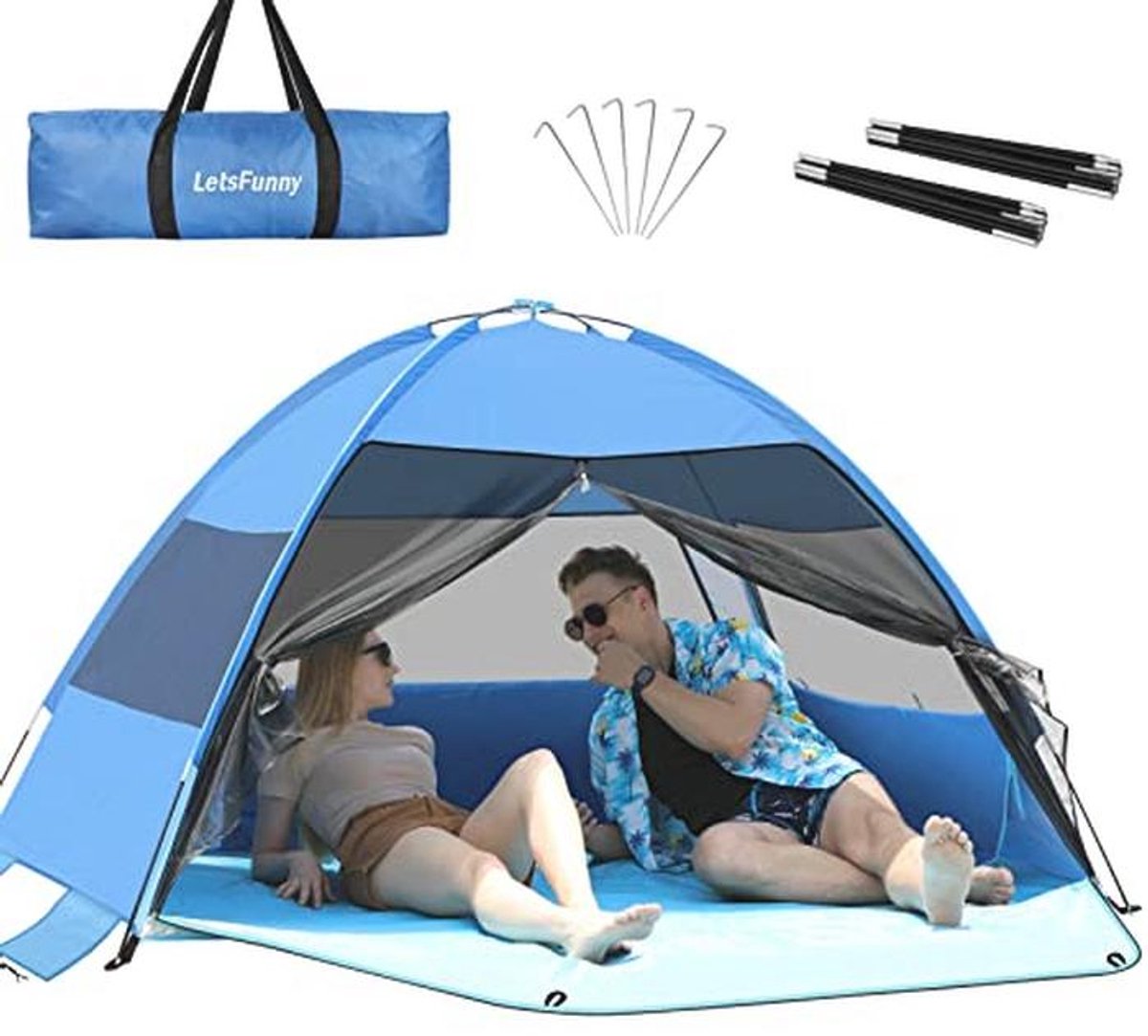 Grote Strandtent met Anti-UV Bescherming en Oprolbare Ramen – Ideaal voor 3-4 Personen