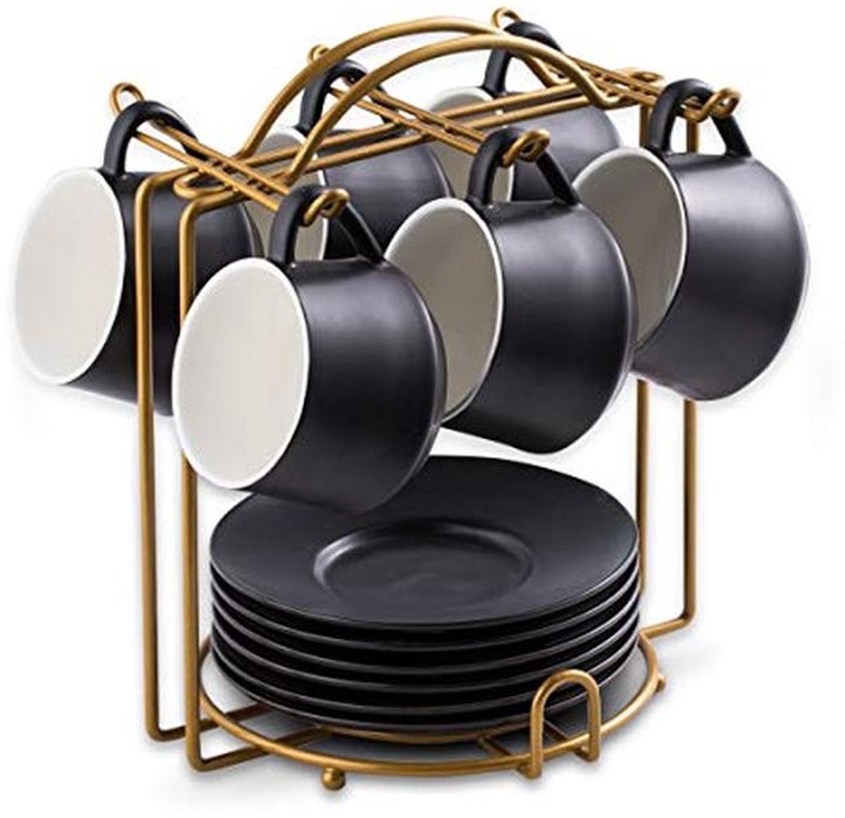 Set van 6 Espresso Kopjes met Schotels en Houder - Elegante Zwarte Koffiekopjes