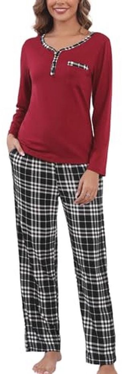 Pyjama met lange mouwen voor dames - V-hals pyjama's met geruite broek en zachte loungewear