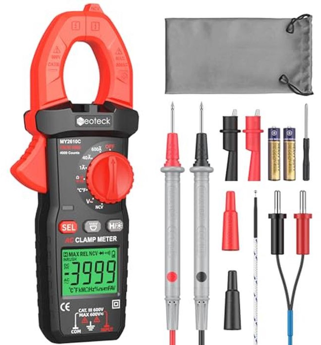 Digitale Stroommeter Multimeter met Tang - 600A True RMS | AC/DC Tester voor Elektriciens en Zonne-energie