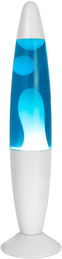 Witte lavalamp met blauwe vloeistof en witte lava, geïsoleerd op een witte achtergrond.