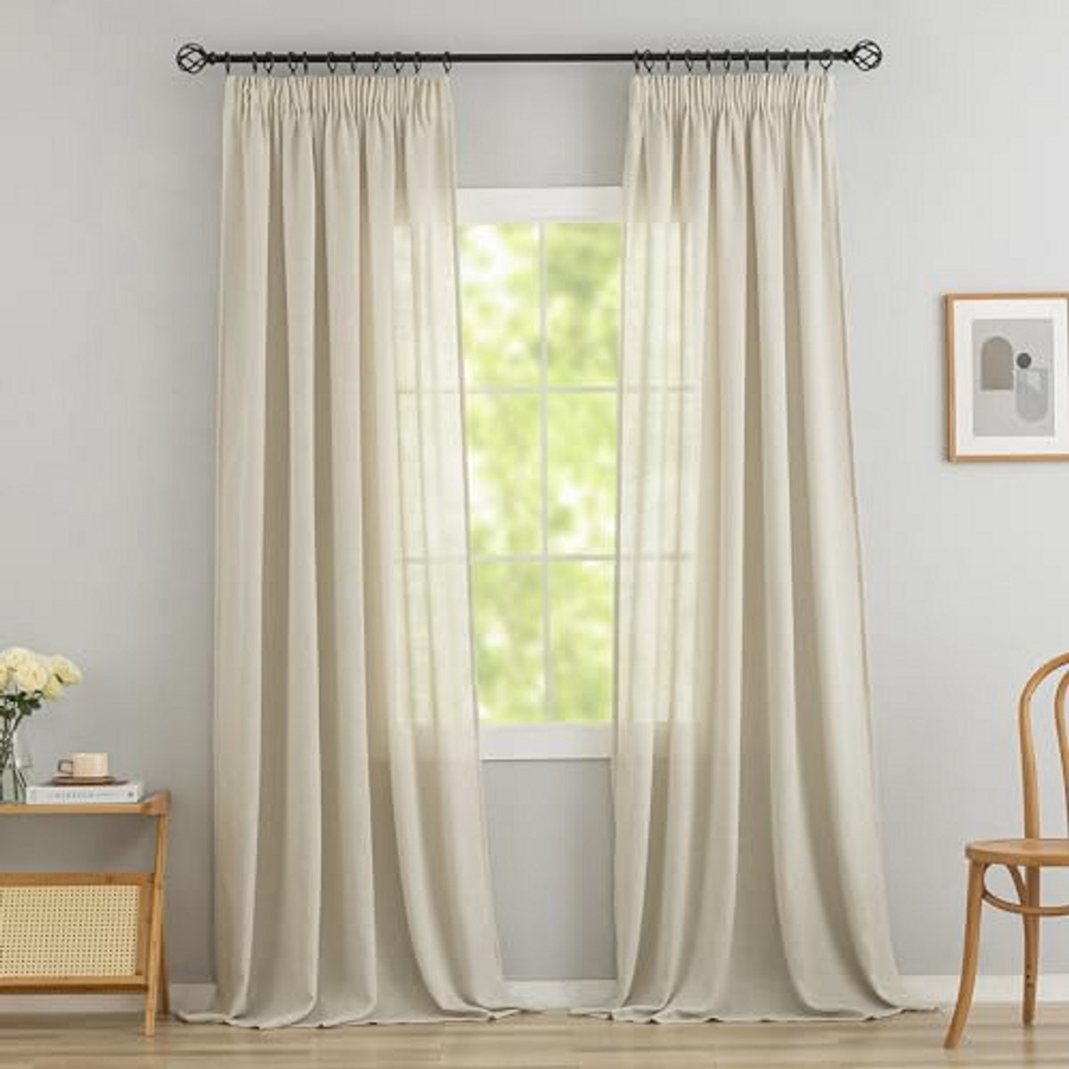 Set van 2 beige linnen look gordijnen voor slaapkamer en woonkamer - 245 x 140 cm