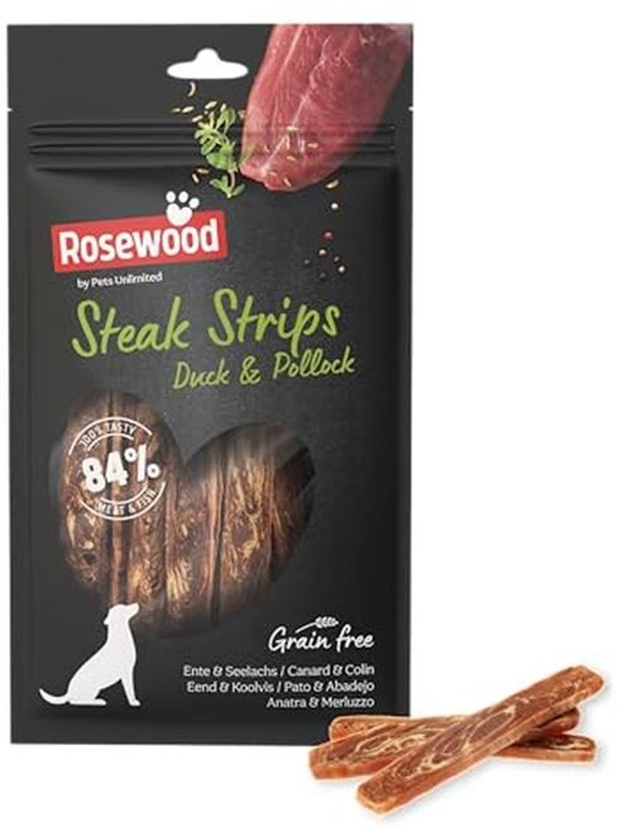 Rosewood Steak Strips Eend & Koolvis - Zachte Verwensnack voor Honden, Hoog Vlees/Vis Gehalte, Vetarm, Zonder Granen en Gluten, Zonder Kunstmatige Toevoegingen, 100 g