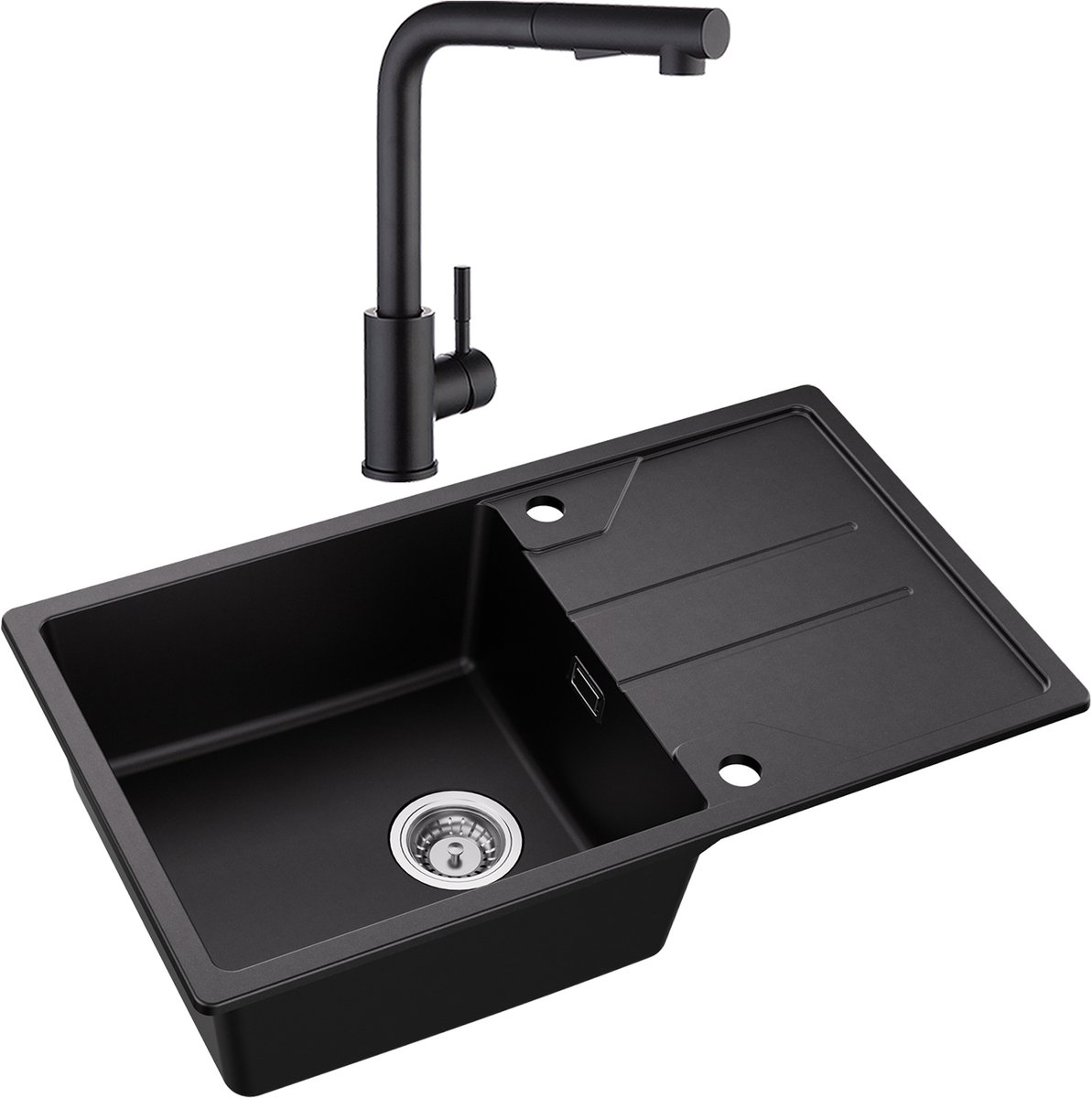 DERW MAX Granieten Spoelbak 78x45CM Antraciet - Spoelbakken Keuken Met Keukenkraan - Spoelbakken Met Planchet en Waterafvoersysteem - Opbouw Spoelbak