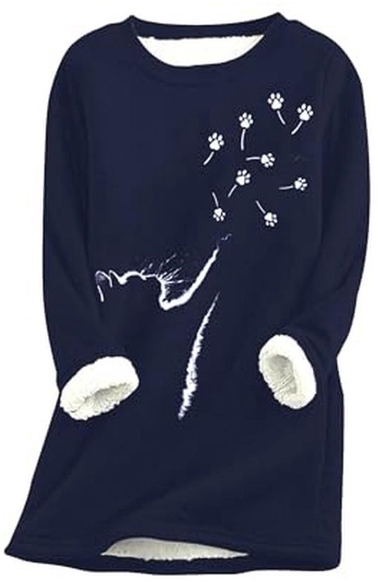 Dames Fleece Sweatshirt met Kattenpatroon - Casual Ronde Hals Wintertrui