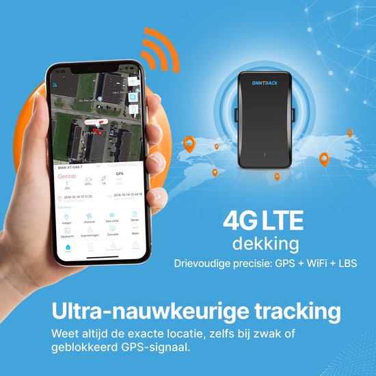 Smartphone met Onntrack app en GPS-tracker, met 4G LTE dekking en ultra-nauwkeurige tracking.