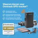Zwarte Onntrack GPS tracker met oplader en auto, motor en vrachtwagen. 'Top Choice' badge van Kaufkompass.