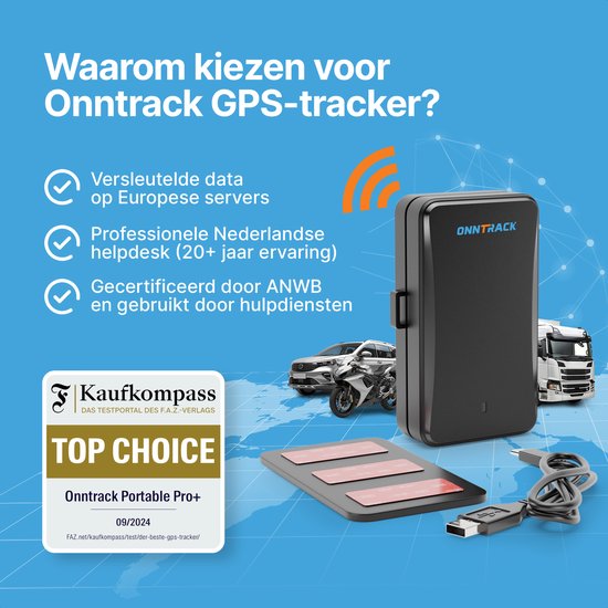 Zwarte Onntrack GPS tracker met oplader en auto, motor en vrachtwagen. 'Top Choice' badge van Kaufkompass.