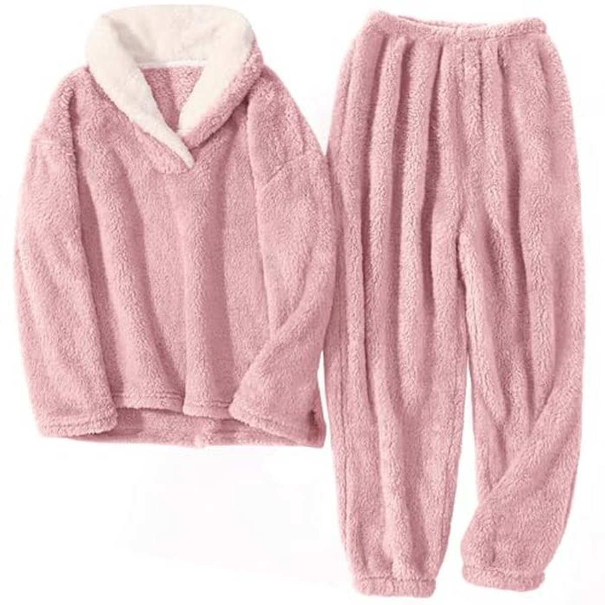 Warme fleece damespyjamaset, zachte 2-delige nachtkleding en loungewear met zakken