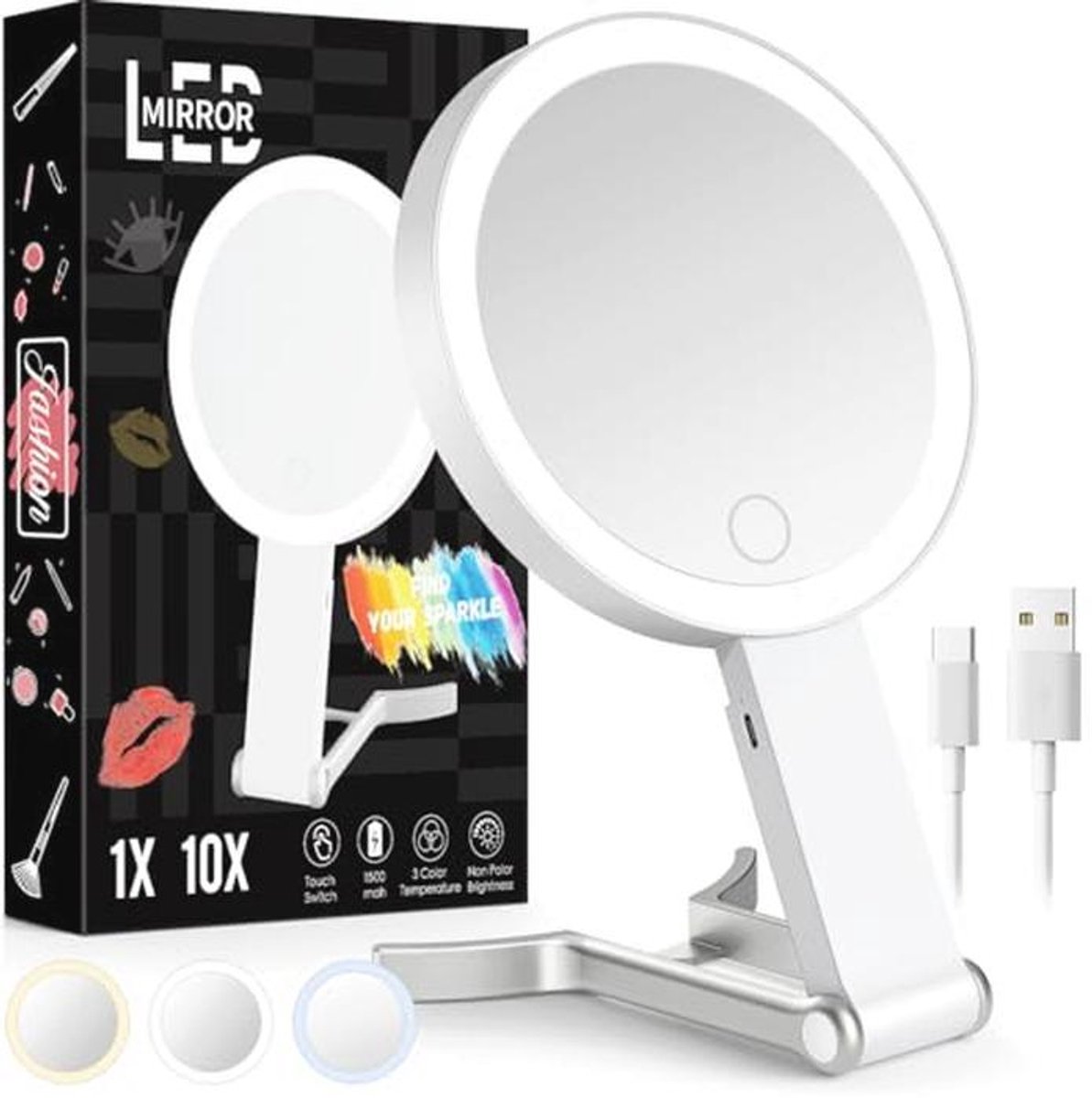 Make-up spiegel met verlichting en vergroting - Draagbare 10X/1X spiegel met 3 lichtmodi