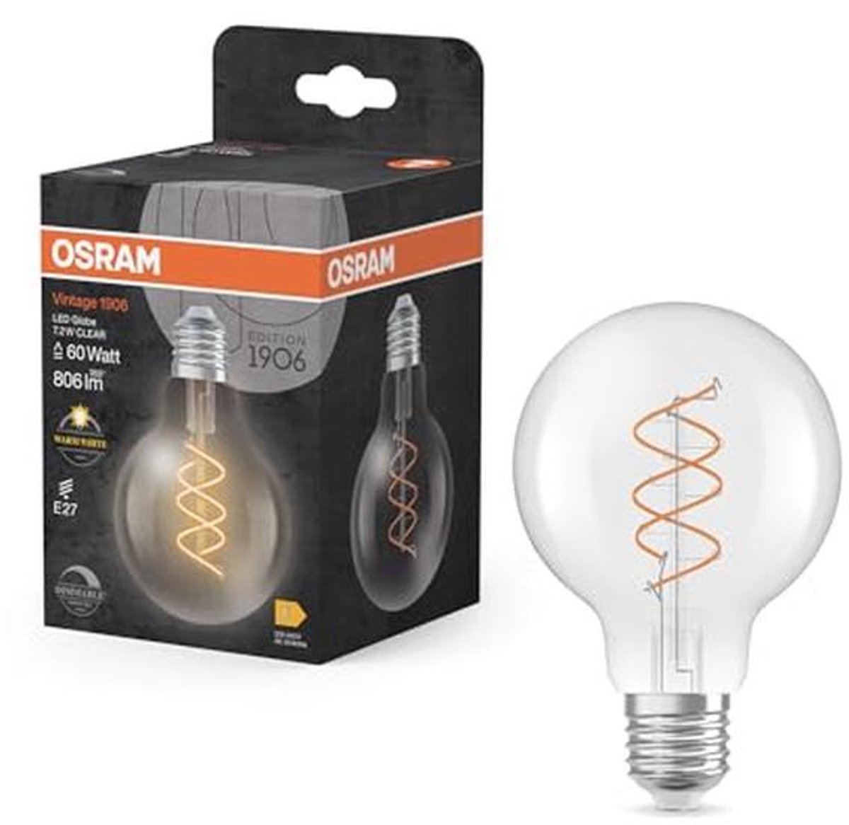 Dimbare Vintage LED-lamp in Bolvorm - 806 lm, Warmwit, E27 Fitting, 80 mm