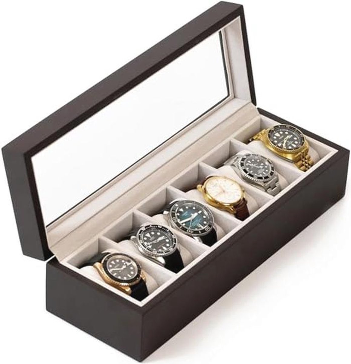 Massieve horlogedoos voor 6 uurwerken van espressohout met glazen displayblad