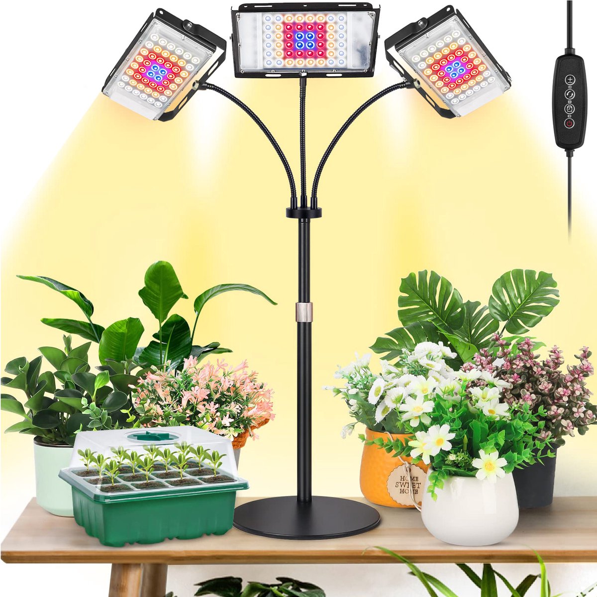 MUPOO LED Groeilamp voor Planten - Full spectrum - 6 Dimbare Helderheden - met Timer 3-6-12 uur - in Hoogte Verstelbaar - Bureau Bloeilamp - Kweeklamp - Grow Light - Stabiele Basis - 3 Kopjes