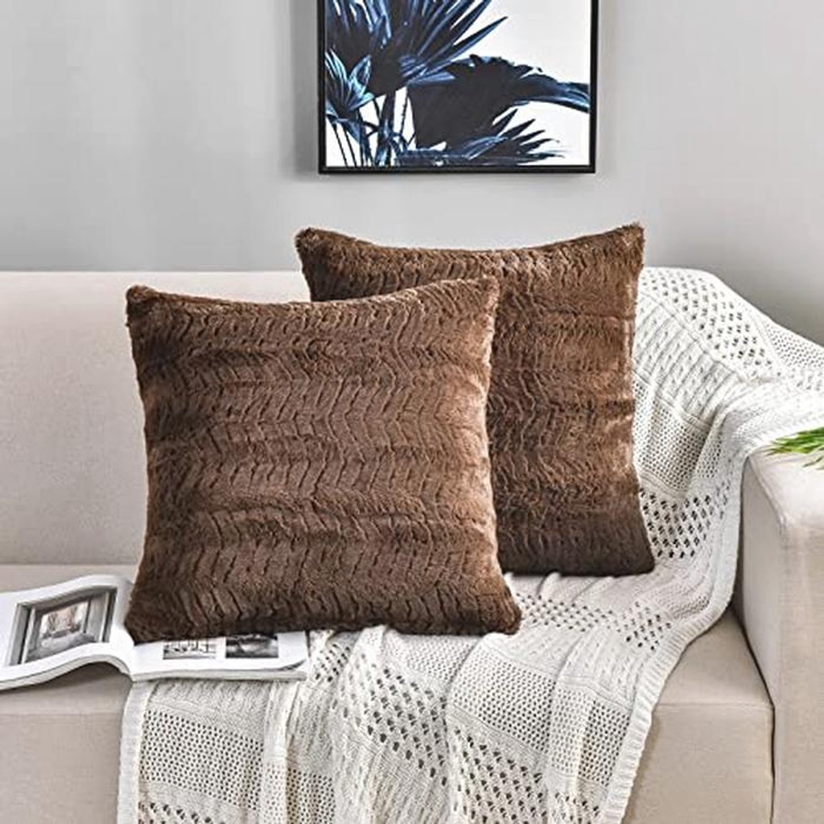Luxe kussenslopen van imitatiebont - set van 2 decoratieve pluizige kussenslopen voor bank