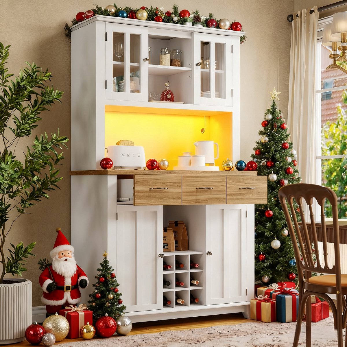 Pugsdrly Keukenkast, hoge kast, keukenkast, vitrinekast, buffetkast met verstelbare planken, dressoir met led-verlichting, buffetkast (houten lades)