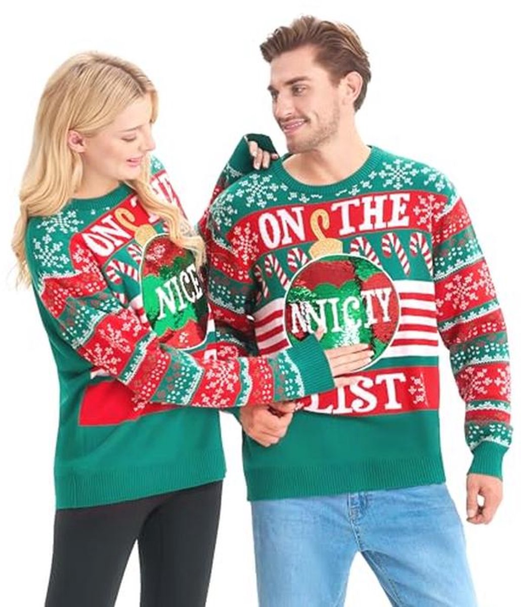 Giggling Getup Lelijke kersttruien voor heren, ondeugende kersttrui met pailletten, grappige lelijke kersttrui groen