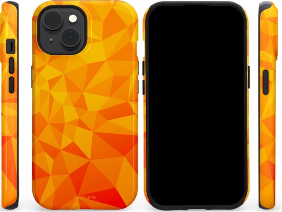 Zijaanzicht en voorkant van een iPhone 15 hoesje met een veelhoekig patroon in oranje en geel tinten.