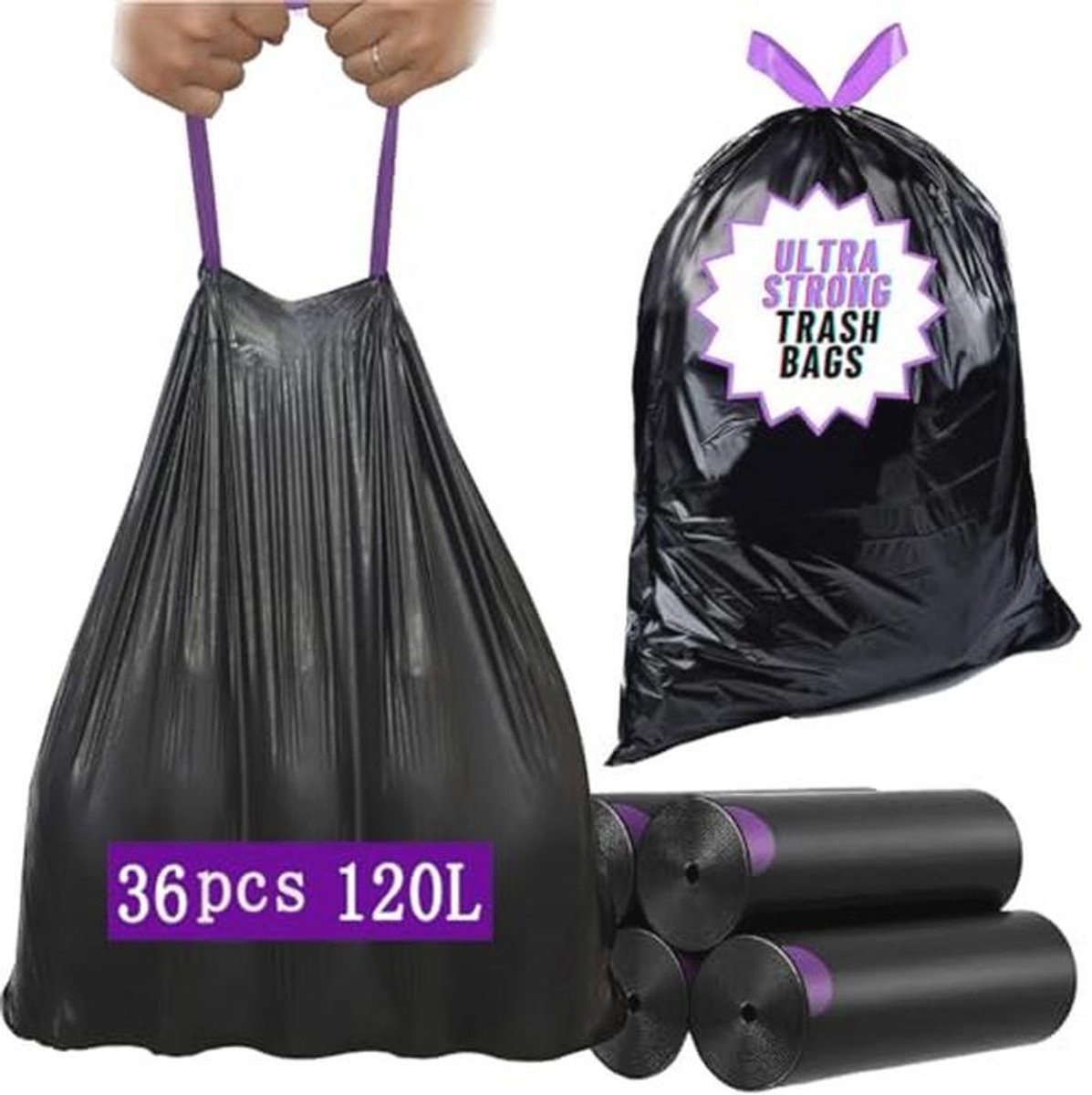 Afvalzakken met Trekkoord voor Zwaar Afval, 110 Liter, 80 x 100 cm, 36 Stuks, Scheurvast en Hygiënisch