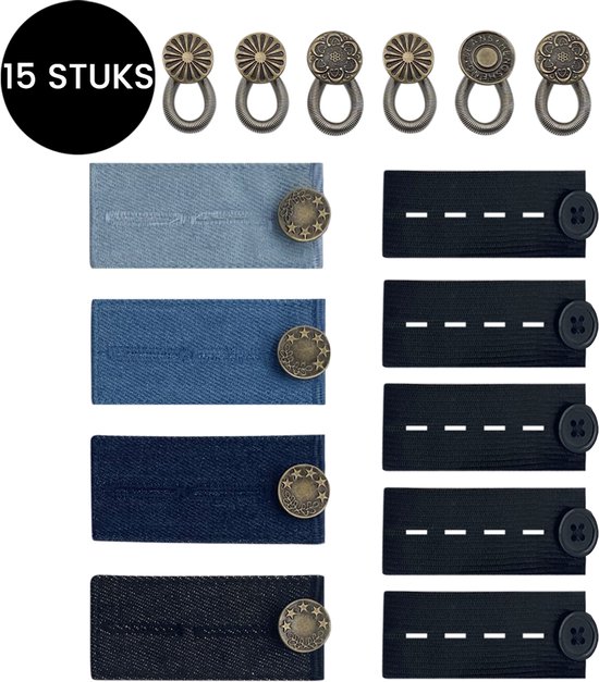 Ensemble de 15 extensions de pantalon : 4 en jean bleu clair, bleu, bleu foncé, noir, 5 noirs avec boutons et 6 boucles métalliques à motif floral.