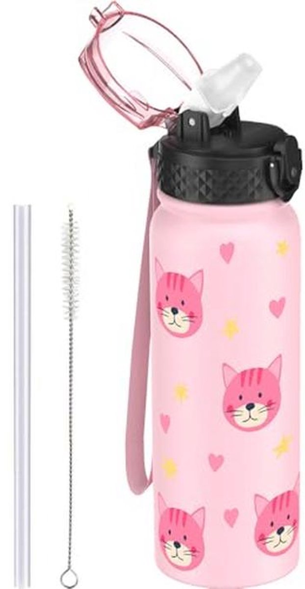 Roestvrijstalen geïsoleerde waterfles met rietje - 600 ml dubbele wand voor sport en outdoor