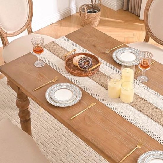 Serento Bohemian tafelloper van katoenlinnen met kwastjes tafelloper beige 30x140cm rustieke boerderij voor Boheemse keuken eettafel