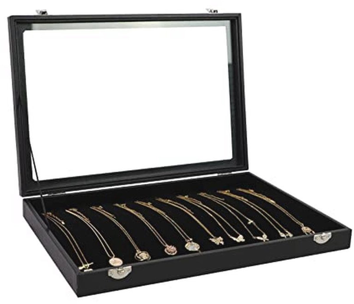20 Haken Ketting Lade Opbergdoos - Stapelbare Glazen Top Afsluitbare Zwarte Fluwelen Dozen