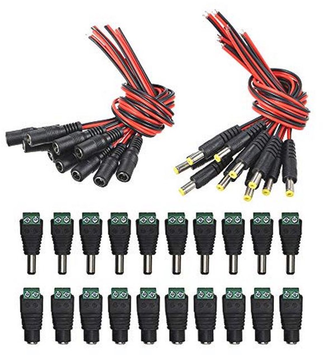 20 Paar DC Power Pigtail-kabels voor Beveiligingscamera's en Feestverlichting - 18AWG Koperdraad, 12V 5A Connectors