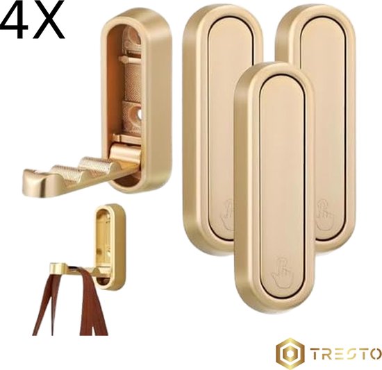 Set van 4 gouden opvouwbare haken. Eén haak is uitklapbaar en toont een tas eraan gehangen.