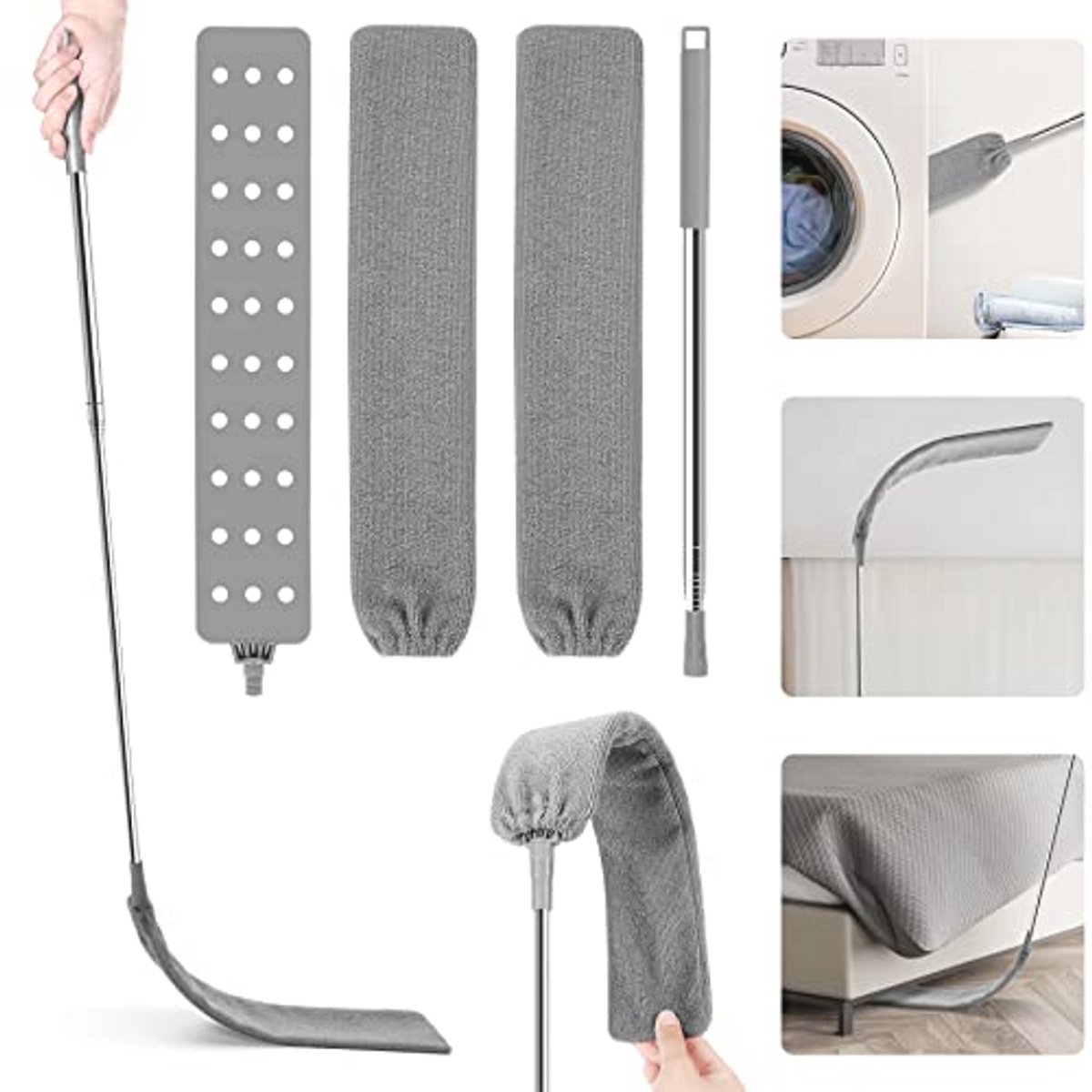 DOBIGER Telescopische Stofwisser Plat Wasbaar met Roestvrijstalen Steel, Uitschuifbare Stofreiniger 2,5m met Verwisselbare Microfiber Borstel voor Onder Bank Meubels Vloeren Huishoudelijke Hoeken Stof