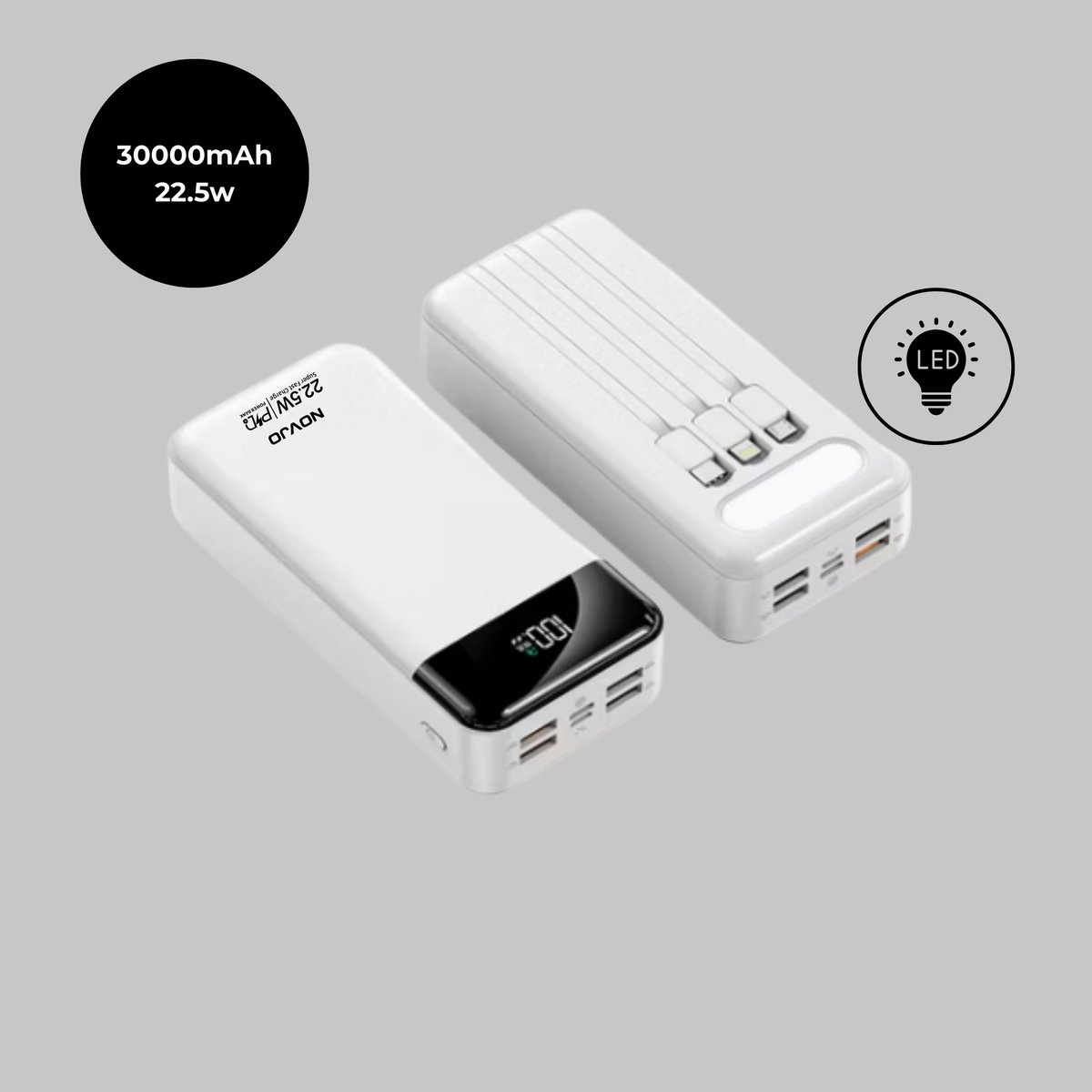 NOVJO® Powerbank 30000mAh – 22.5W Supersnelle Oplader met Ingebouwde Kabels en LED-Lamp – Geschikt voor iPhone en Samsung – Wit