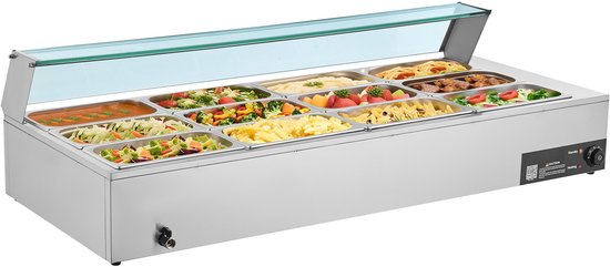 Commerciële Voedselverwarmer - Elektrische Bain-marie/Chafing Dish - Vermogen 1,7 kW - Set 12x GN 1/3 Bakken - RVS - Glazen Deksel - Met Soeplepel — afbeelding 4